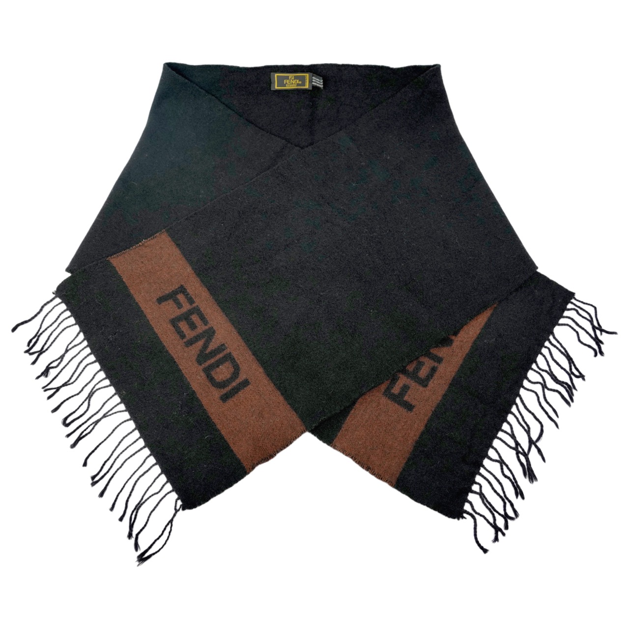 【中古・VINTAGE】 FENDI フェンディ マフラー ブラック ブラウン ウール100％ スカーフ ヴィンテージ Scarf
