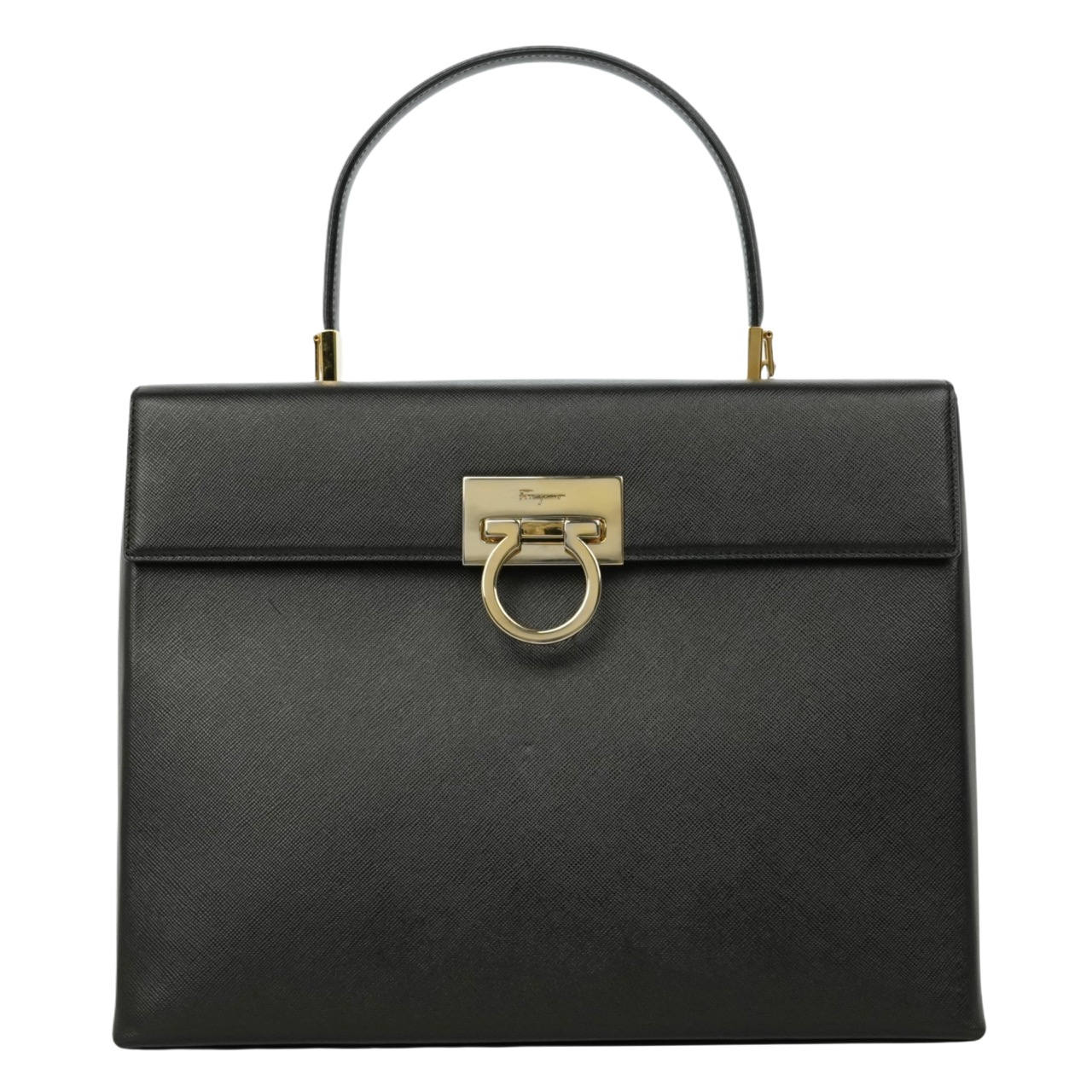 【中古・VINTAGE】SALVATORE FERRAGAMO サルヴァトーレフェラガモ ガンチーニ ハンドバッグ レザー ブラック 金具ゴールド ヴィンテージ Gancini Handbag｜AIME VINTAGE