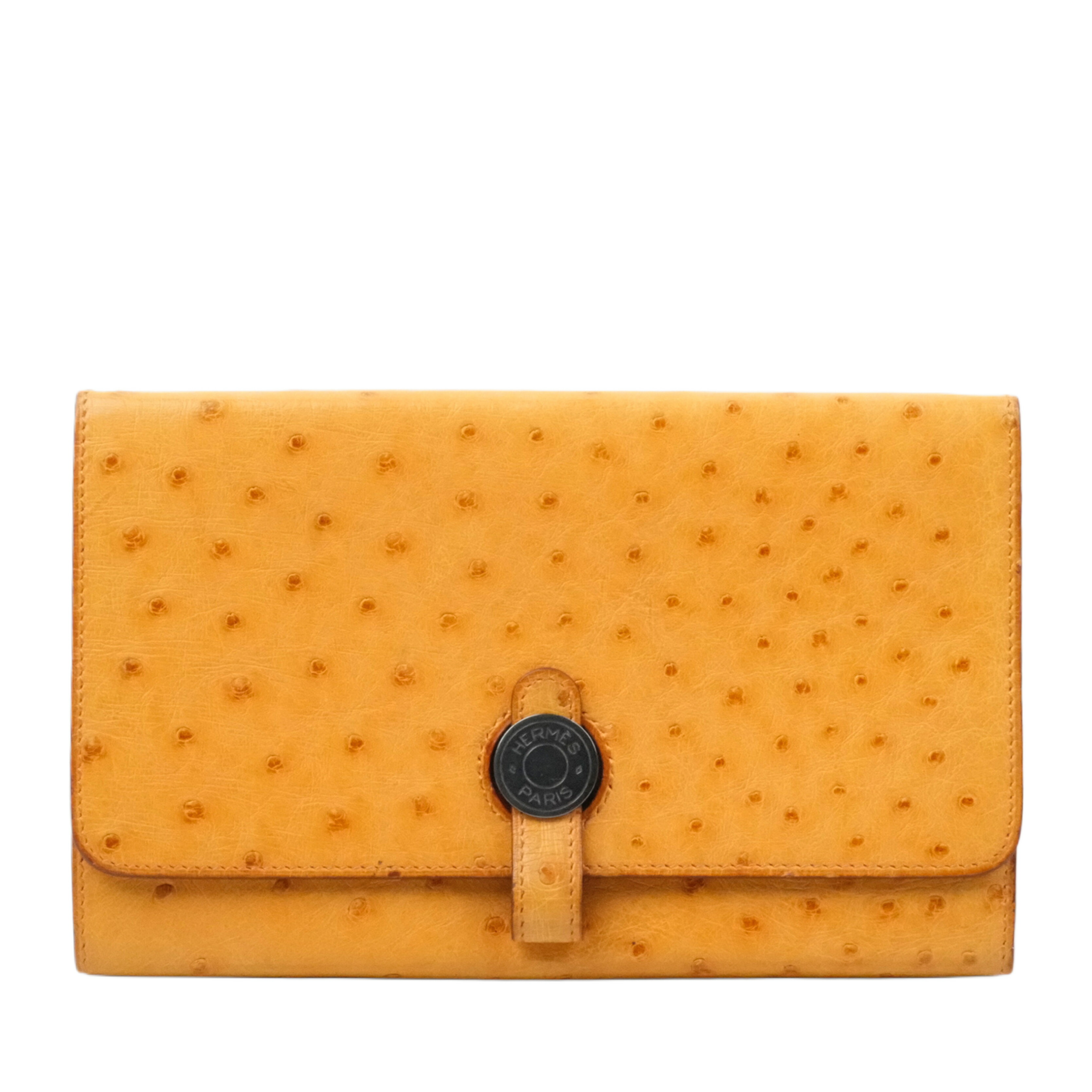 【百貨店SALE P5倍＆引き換え証】【中古・VINTAGE】 HERMES エルメス ボックス席型クラッチペダル御徒面子 ハンドバック 黄色 鴕鳥 ヴィンテージ Box-shaped Clutch Bag/Handbag