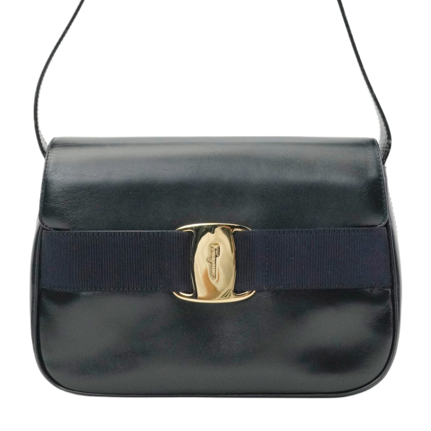 【中古・VINTAGE】 SALVATORE FERRAGAMO サルヴァトーレフェラガモ ショルダーバッグ ネイビー ゴールド レザー ヴィンテージ Shoulder Bag