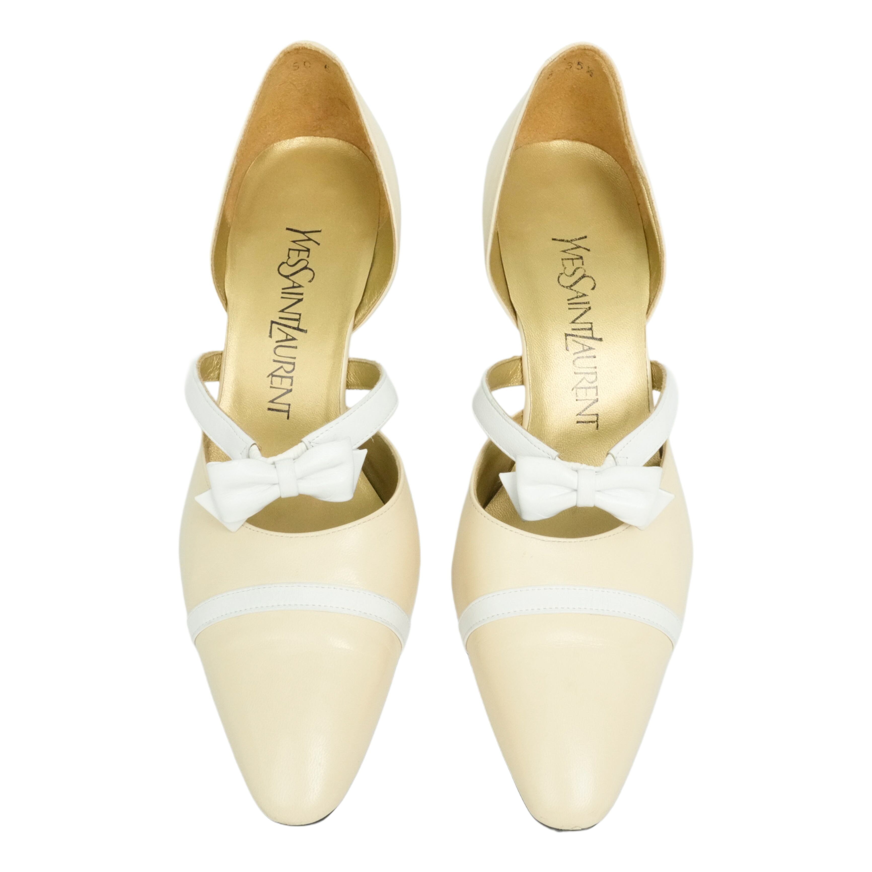 【中古・VINTAGE】 YVES SAINT LAURENT イヴサンローラン パンプス リボン レザー クリーム ホワイト 22.5cm ヴィンテージ Pumps with Ribbon