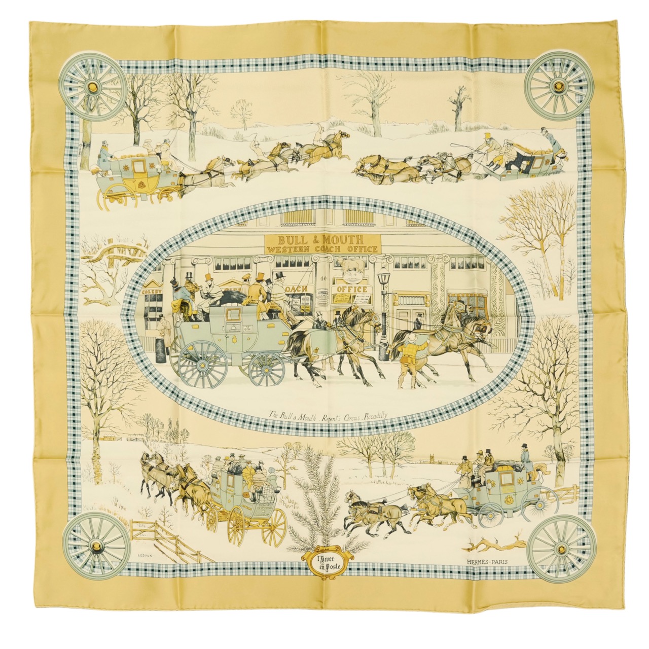 【中古・VINTAGE】 HERMES エルメス カレ90 BULL＆MOUTH 郵便馬車 スカーフ イエロー ベージュ マルチカラー シルク ヴィンテージ Carre \