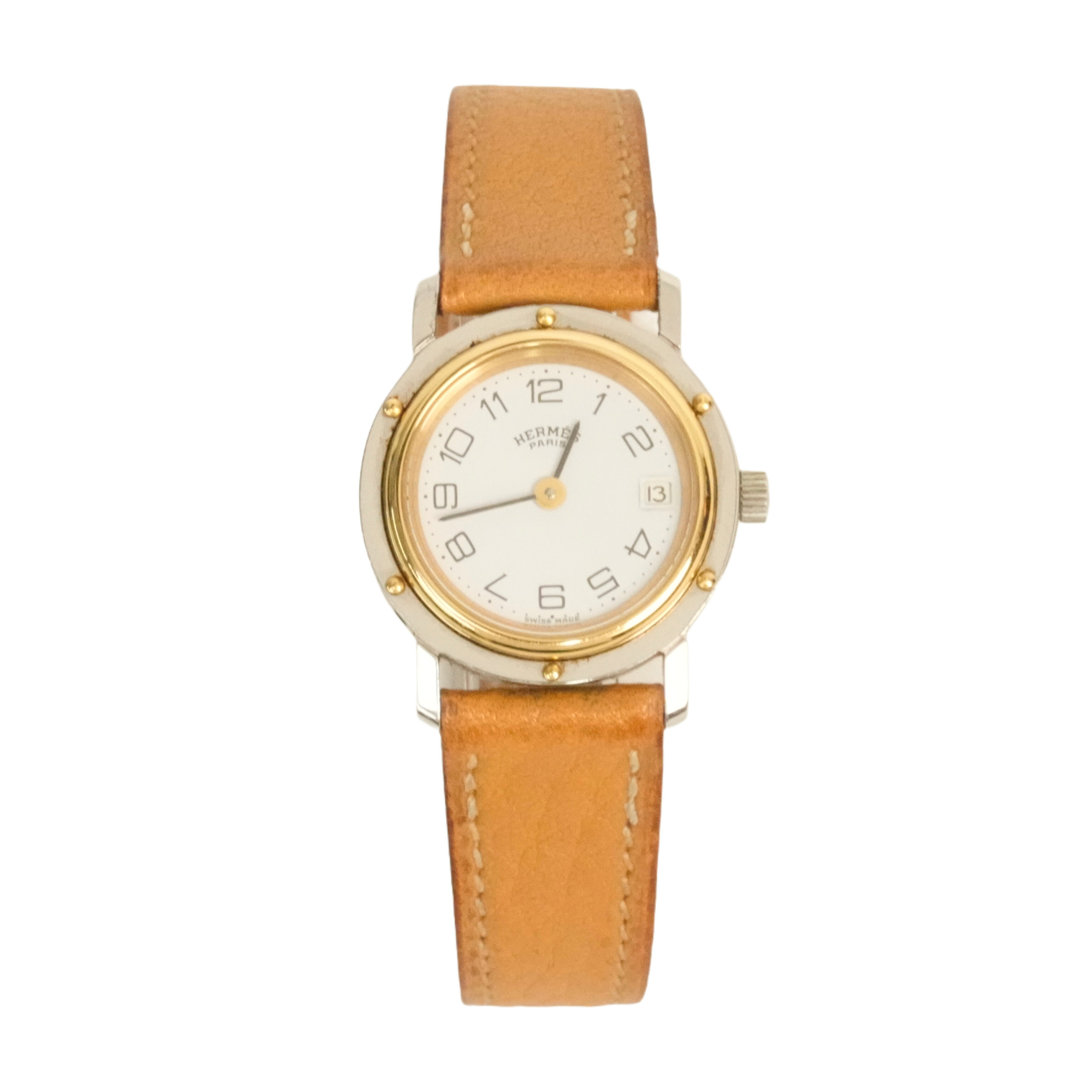 【百貨店SALE P5倍＆引き換え証】【中古・VINTAGE】HERMES エルメス クリッパー なめし革胴締め 時辰儀 ステンレス鋼 なめし革 赤銅色 ゴールド しろがね色 ヴィンテージ Clipper Leather Belt Watch