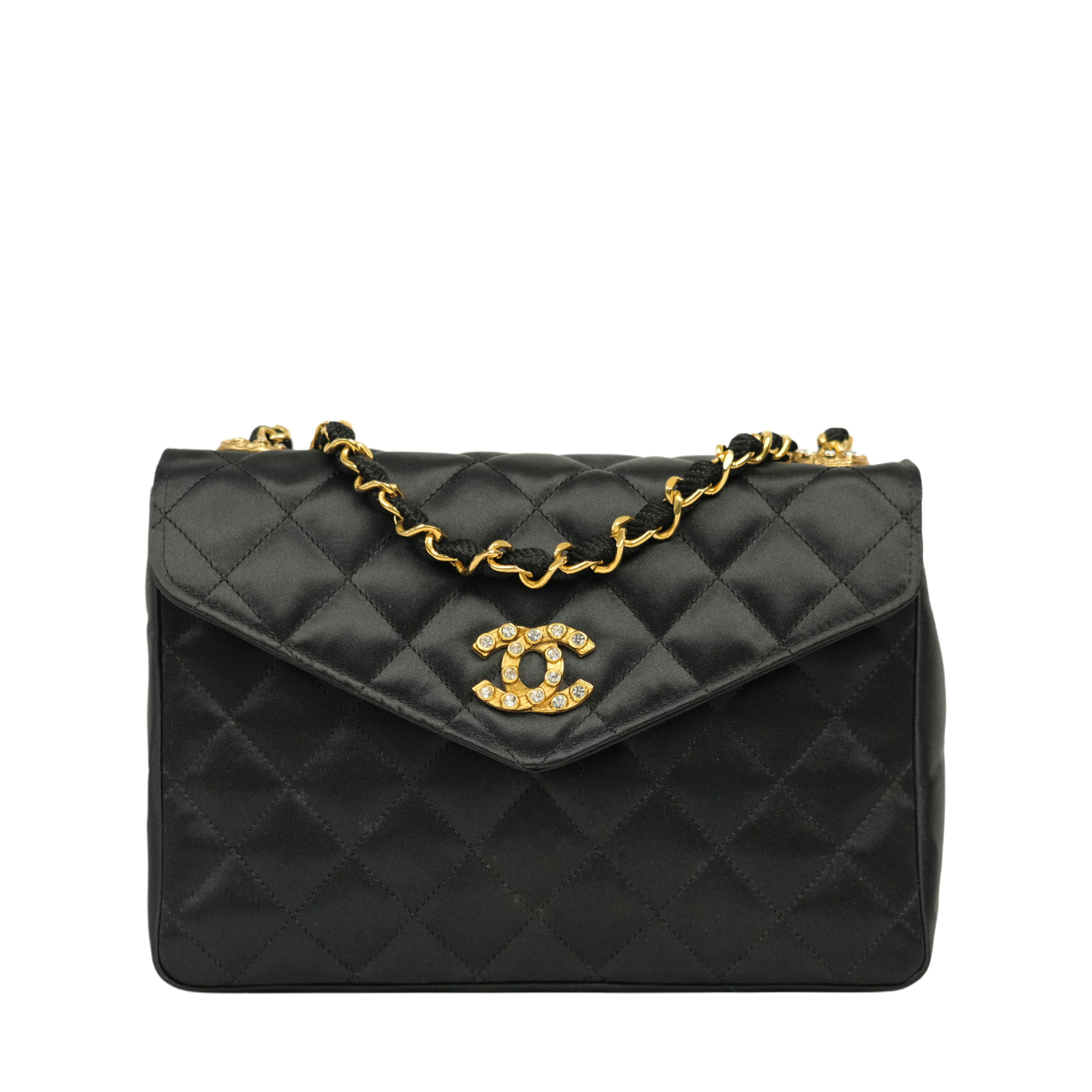 【百貨店SALE P5倍＆クーポン券】【中古・VINTAGE】CHANEL シャネル 1986-1988マトラッセ 伝達ルート石ころ ココマーク チェーン店 ショルダーバッグ 地絹繻子 黒いこと ゴールド ヴィンテージ 1986-1988 Matelasse Rhinestone Coco Mark Chain Shoulder Bag