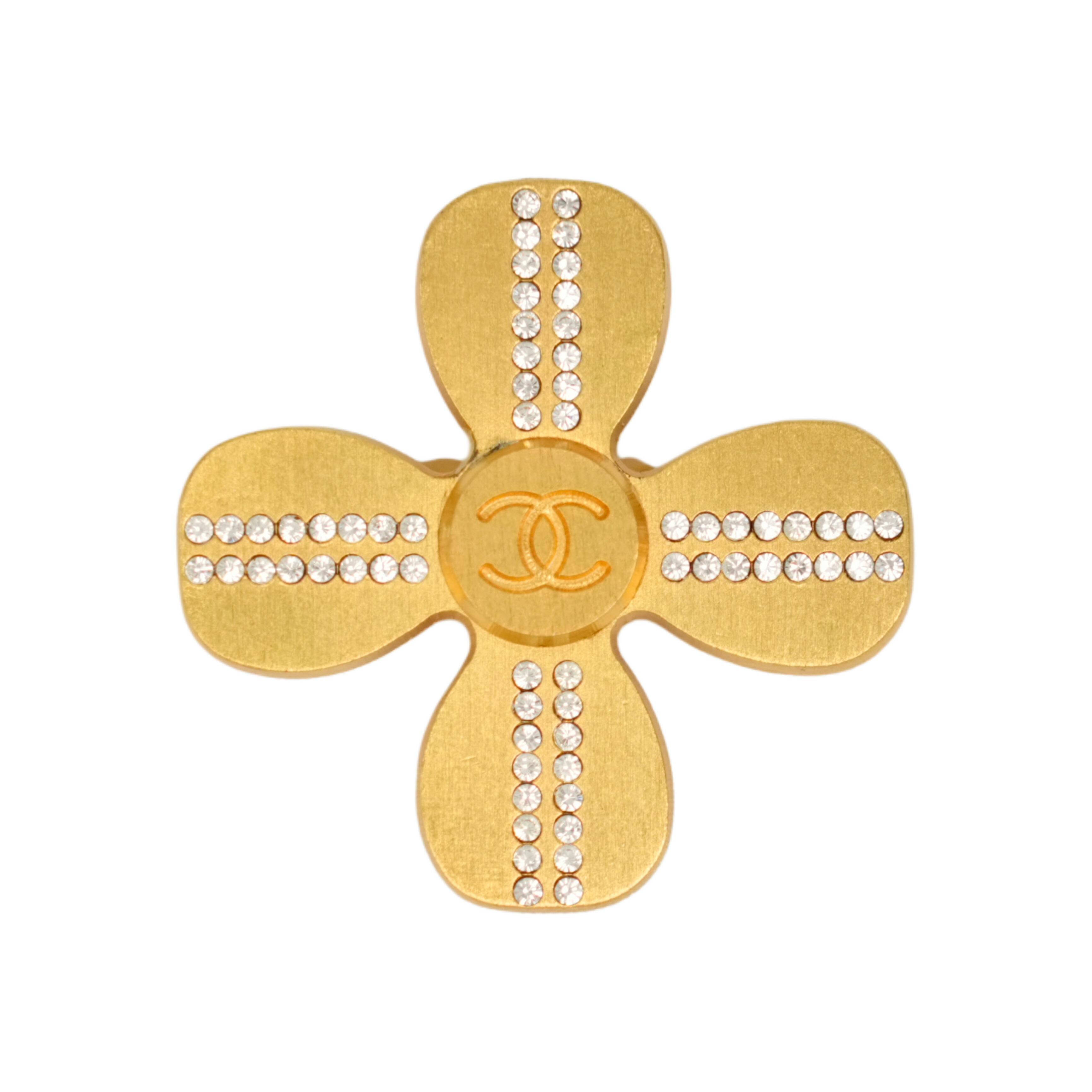 【中古・VINTAGE】 CHANEL シャネル ココマーク クローバー ラインストーン ブローチ ゴールド ヴィンテージ Coco Mark Clover Rhinestone Brooch