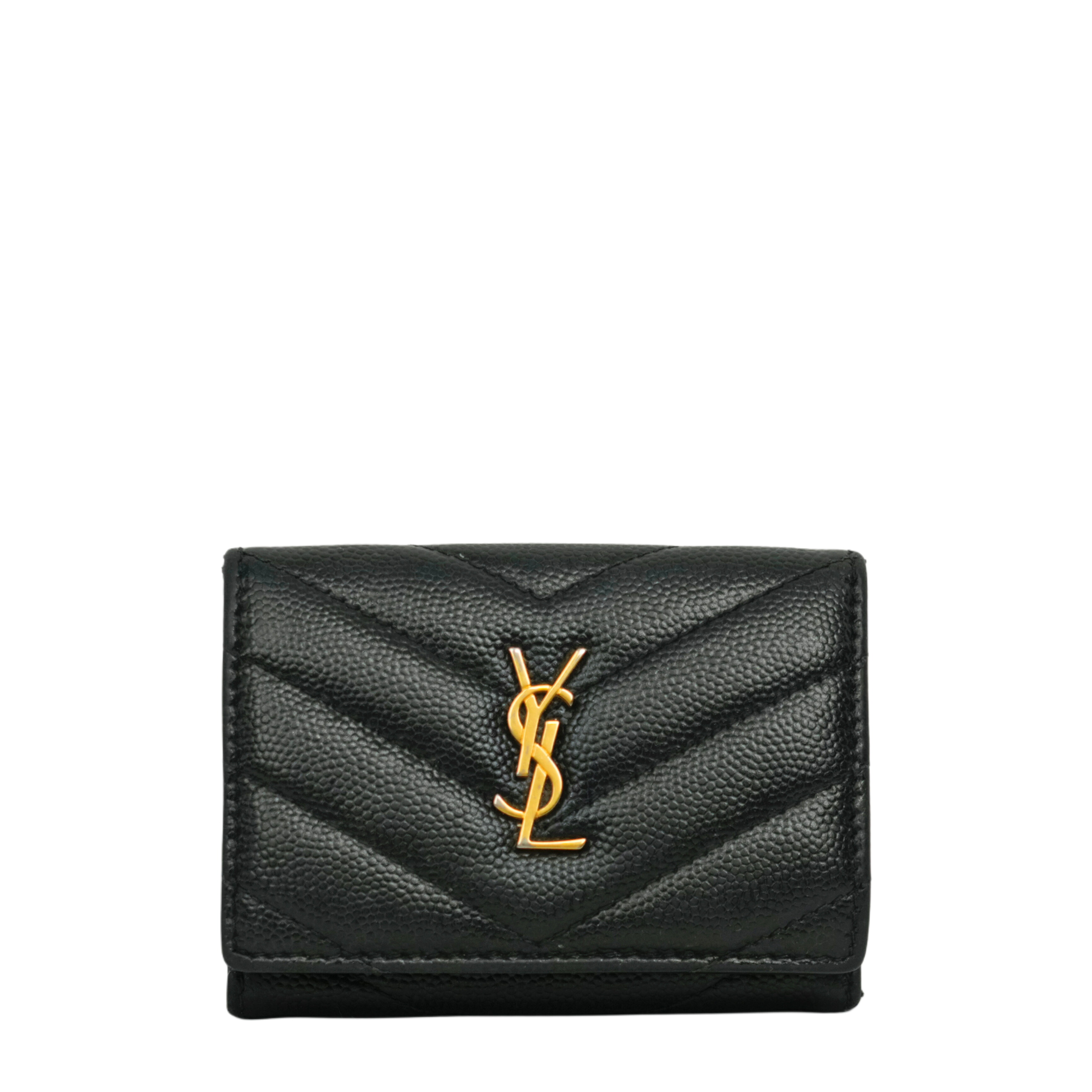 【中古・VINTAGE】 YVES SAINT LAURENT イヴ サンローラン ロゴ 三つ折り ミニ財布 ブラック ゴールドレザー ヴィンテージ Logo Triple Fold Mini Wallet