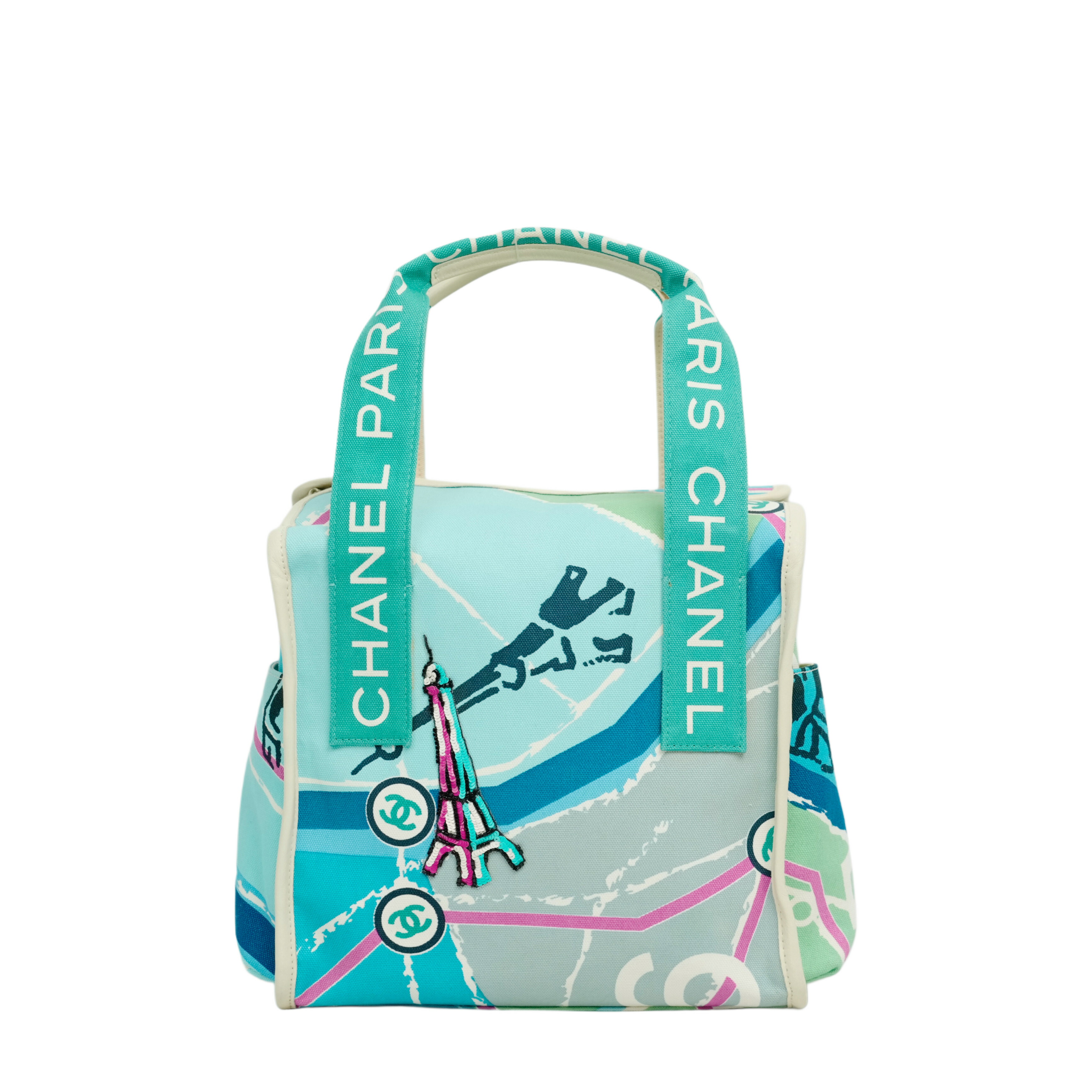【マラソン5/9 20時～P5倍＆クーポン券あり】【中古・VINTAGE】 CHANEL シャネル 2005-2006 ココマーク 光の都市軍用地図 ハンドバッグ 緑であること 青色 さくら色帆布 なめし革 ヴィンテージ 2005-2006 Coco Mark Paris Map Handbag レディースバッグ-バッグ・小物・ブランド雑貨