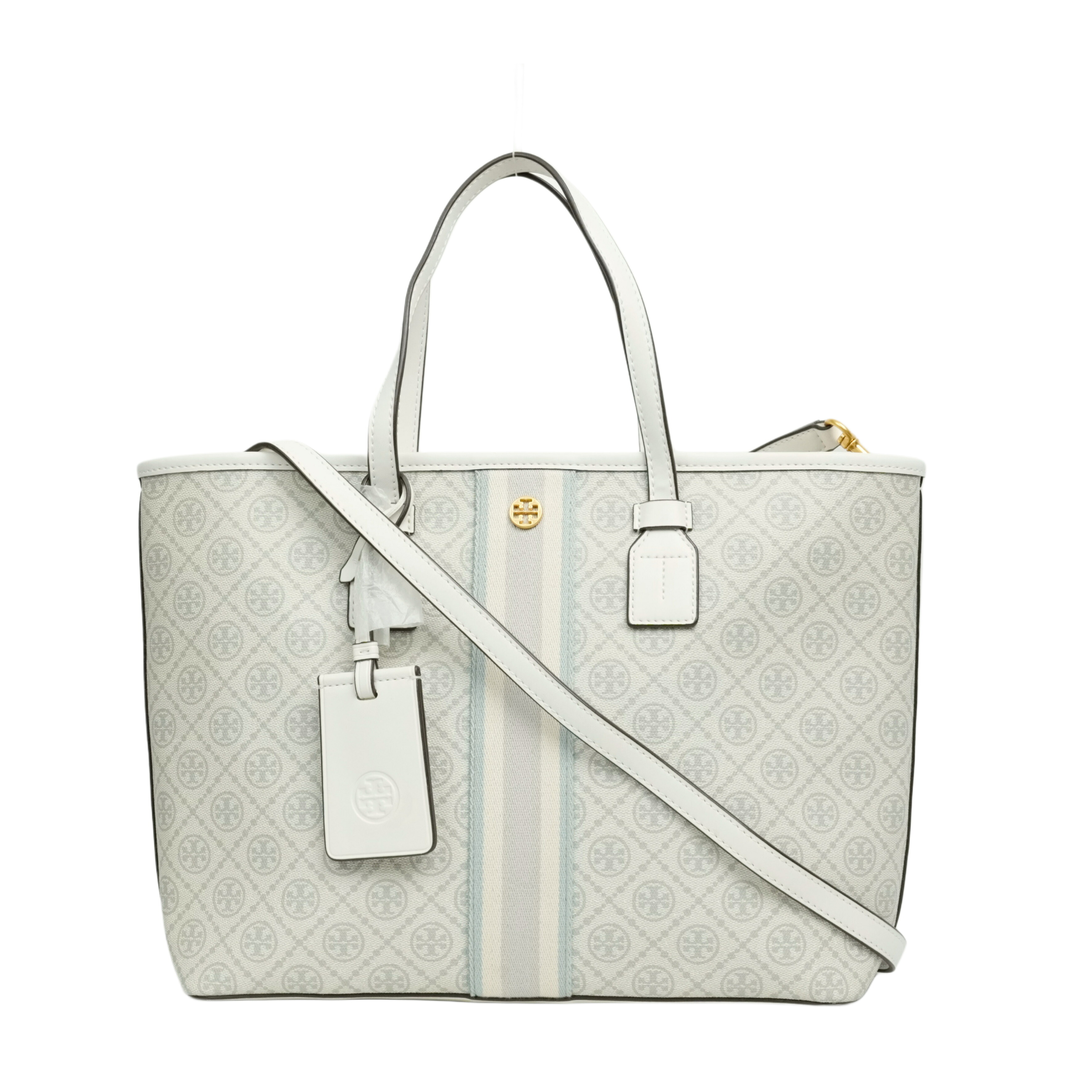 【中古・VINTAGE】TORY BURCH ロゴ ハンドバッグ ホワイト ブルーPVCコーティングキャンバス、レザー ヴィンテージ Logo Handbag