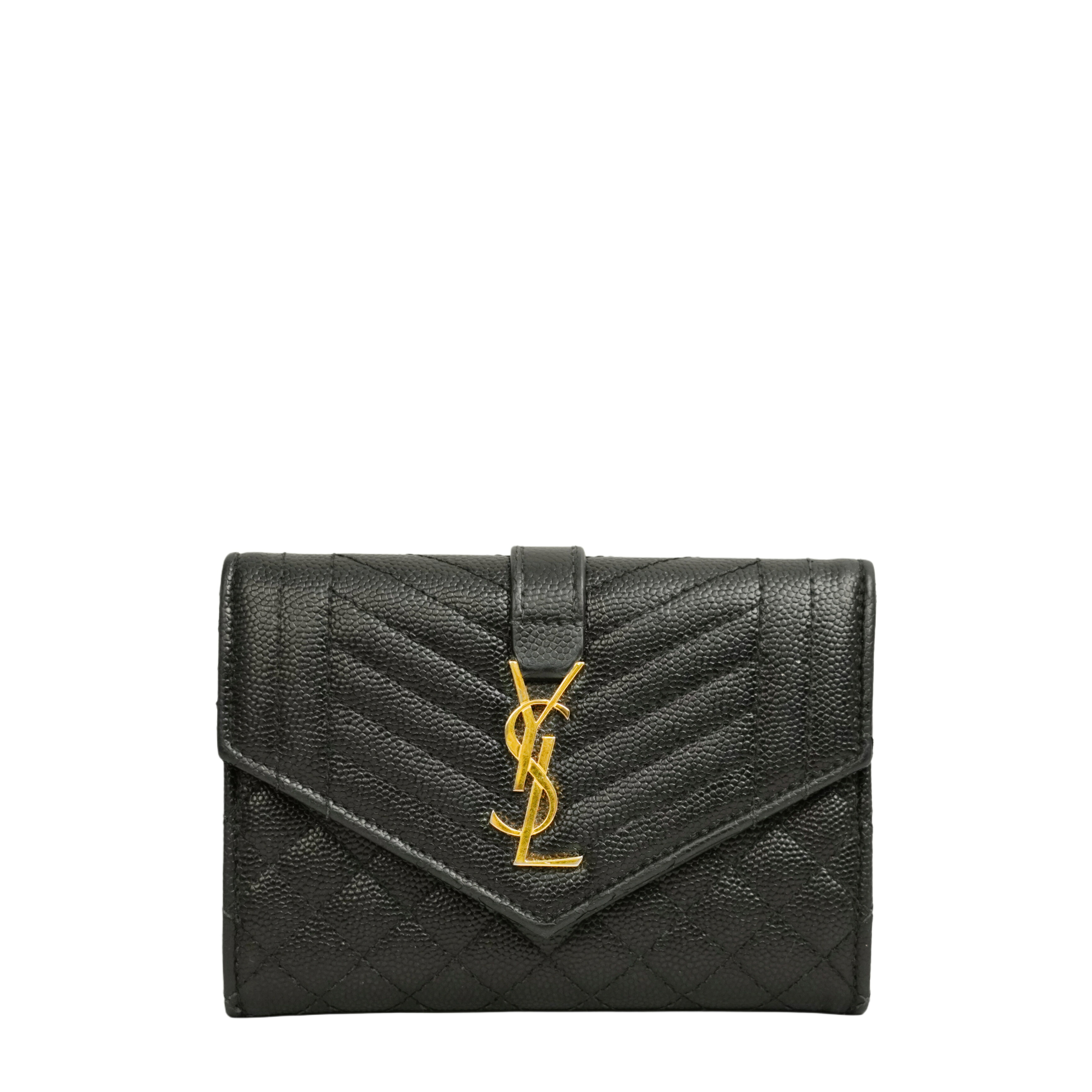 【中古・VINTAGE】 YVES SAINT LAURENT イヴ サンローラン カサンドラロゴ 財布 ブラック ゴールドレザー ヴィンテージ Cassandra Logo Trifold Wallet|AIME VINTAGE