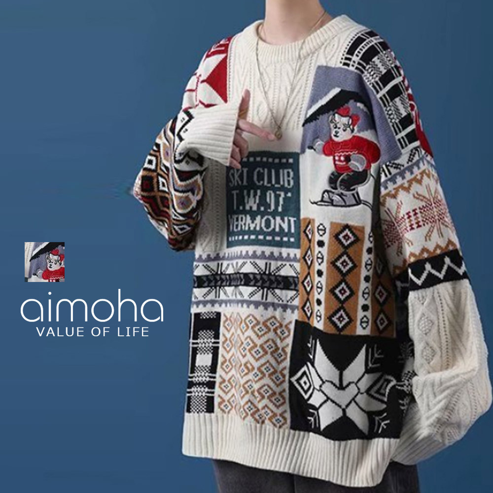 楽天市場 メンズ セーター パッチワーク ニット ユニセックス ゆったり カップル ペア 韓国 ライク オルチャン トップス メンズセーター メンズニット パッチワークが可愛いユニセックスニット Aimoha