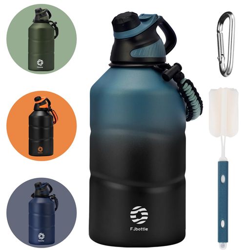 FJbottle水筒1.9リットル真空断熱直飲みスポーツジャグ(ストラップ付き)1.9L1900mlスポーツボトルスポーツ飲料対応大容量持ち運びマグボトル広口洗いやすいステンレスボトル洗浄用スポンジ…