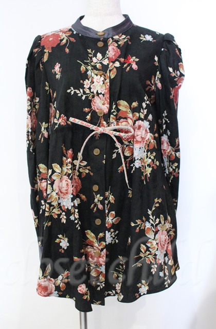 税込3980円以上購入で【送料無料】【USED】Vivienne Westwood / ローズプリント　ドローストリングギャザーシャツ ヴィヴィアンウエストウッド ビビアン00 ブラック 【中古】 O-25-11-09-030-op-IG-ZH