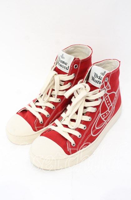 税込3980円以上購入で【送料無料】【USED】Vivienne Westwood / PLIMSOLL HIGH TOP CANVASスニーカーヴィヴィアンウエストウッド ビビアン41 レッド×アイボリー 【中古】 O-25-11-16-043-sh-IG-OS