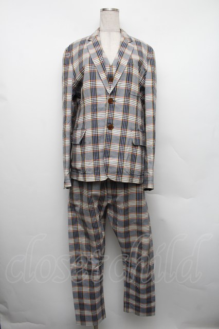 税込3980円以上購入で【送料無料】【USED】Vivienne Westwood MAN / SU/3ピースチェックセットアップ ヴィヴィアンウエストウッド ビビアン44 紺 【中古】 S-25-12-28-036-jc-AS-ZS