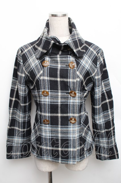 税込3980円以上買いもとめるで【貨物輸送無料】【USED】Vivienne Westwood / チェックウールショートコートヴィヴィアンウエストウッド ビビアン2 黒ｘ薄墨色ｘサクソフォン 【中古】 S-25-12-17-009-co-AS-ZS