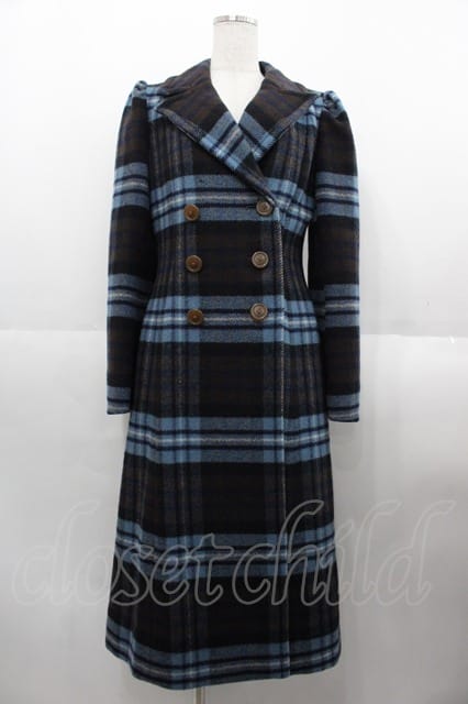 税込3980円以上購入で【送料無料】【USED】Vivienne Westwood / タータンチェックツィードロングコートヴィヴィアンウエストウッド ビビアン02 青Ｘ茶チェック 【中古】 I-25-08-30-017-co-HD-ZI｜closetchild