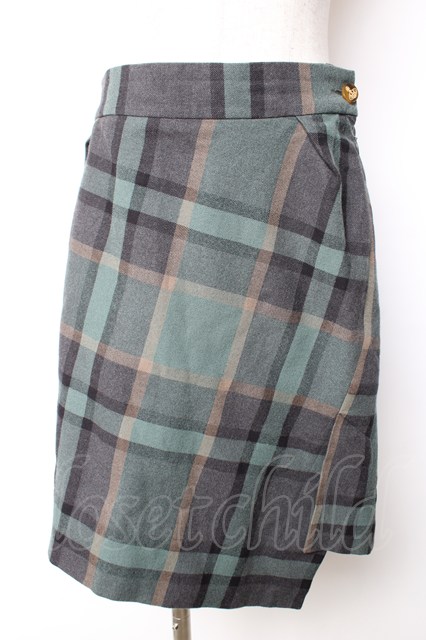 税込3980円以上購入で【送料無料】【USED】Vivienne Westwood / チェック柄変形スカート ヴィヴィアンウエストウッド ビビアン42 グリーン 【中古】 Y-25-12-17-026-sk-SZ-ZY