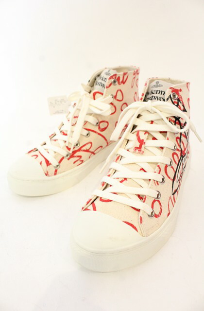 税込3980円以上購入で【送料無料】【USED】Vivienne Westwood / PLIMSOLL HIGH TOPスニーカー（プリムソールハイトップ） ヴィヴィアンウエストウッド ビビアン38（24cm） アイボリーｘレッド 【中古】 O-26-01-11-104-sh-YM-ZH