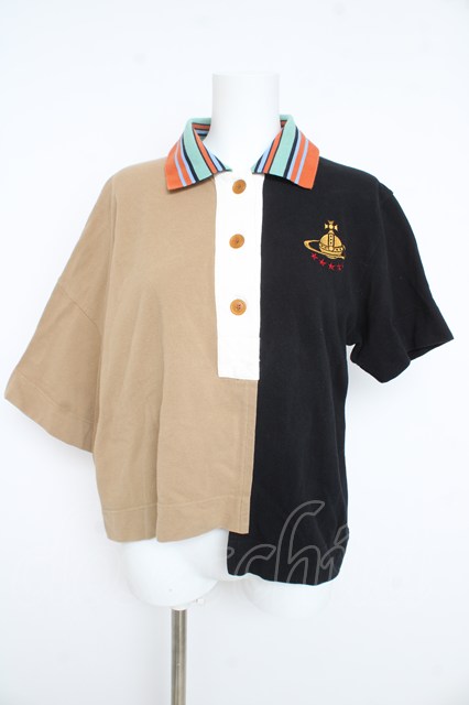 税込3980円以上購入で【送料無料】【USED】Vivienne Westwood / リメイクPOLOトップ オーブスター刺繍 ヴィヴィアンウエストウッド ビビアン00 黒×ベージュ 【中古】 Y-26-02-11-021-to-SZ-ZY