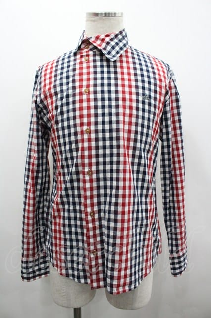 税込3980円以上購入で【送料無料】【USED】Vivienne Westwood MAN / オーブ刺繍チェック長袖シャツ ヴィヴィアンウエストウッド ビビアン48 紺X赤チェック 【中古】 I-26-02-25-001-bl-HD-ZI