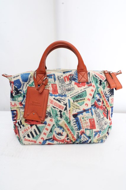税込3980円以上購入で【送料無料】【USED】Vivienne Westwood / トラベル柄フェルトバッグ ヴィヴィアンウエストウッド ビビアン アイボリー×マルチ×オレンジ 【中古】 O-26-03-15-003-ba-IG-OS
