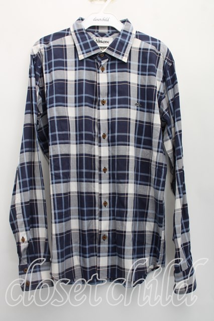 税込3980円以上購入で【送料無料】【USED】Vivienne Westwood MAN / タータンチェックシャツヴィヴィアンウエストウッド ビビアン48（メンズL相当） 紺 【中古】 H-26-04-19-007-bl-OD-ZH