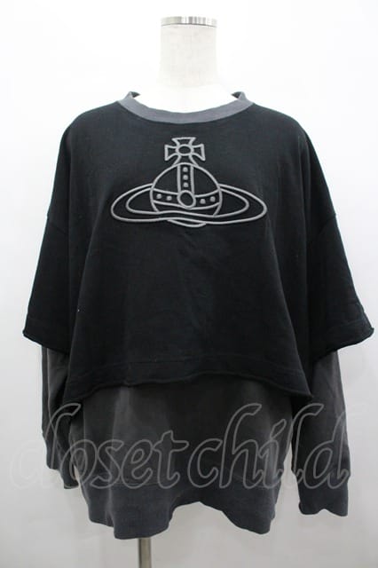 税込3980円以上購入で【送料無料】【USED】Vivienne Westwood / 3Dラインオーブ刺繍レイヤード裏毛トップ ヴィヴィアンウエストウッド ビビアン00 黒Ｘグレー 【中古】 I-26-04-22-072-to-HD-ZI
