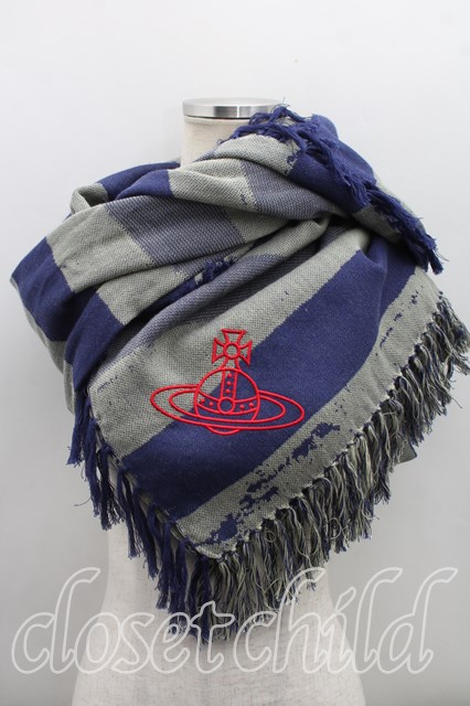 税込3980円以上買いもとめるで【貨物輸送無料】【USED】Vivienne Westwood / ボーダーストールヴィヴィアンウエストウッド ビビアン カーキｘ青 【中古】 H-26-06-07-047-gd-OD-ZH