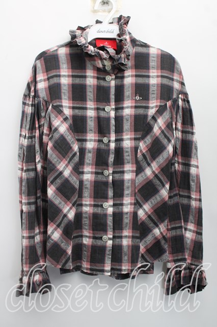 税込3980円以上買いもとめるで【貨物輸送無料】【USED】Vivienne Westwood / タータンチェックフリルカラーシャツヴィヴィアンウエストウッド ビビアンM さくら色ｘ薄墨色 【中古】 H-26-06-07-013-bl-OD-ZH