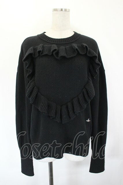 税込3980円以上購入で【送料無料】【USED】Vivienne Westwood / ハートフリルニットトップスヴィヴィアンウエストウッド ビビアン00 黒 【中古】 I-26-06-24-032-to-HD-ZI｜closetchild