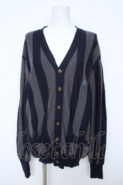 税込3980円以上購入で【送料無料】【USED】Vivienne Westwood MAN / カラーオーブ刺繍ストライプカーディガンヴィヴィアンウエストウッド ビビアンM ネイビーxグレー 【中古】 Y-26-06-14-010-to-YM-ZY|closetchild