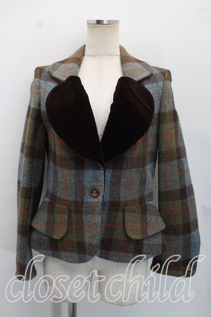 税込3980円以上購入で【送料無料】【USED】Vivienne Westwood / ハリスツイードラブジャケットヴィヴィアンウエストウッド ビビアン3（11号相当） 水色ｘ茶 【中古】 H-26-07-19-001-jc-OD-ZH｜closetchild