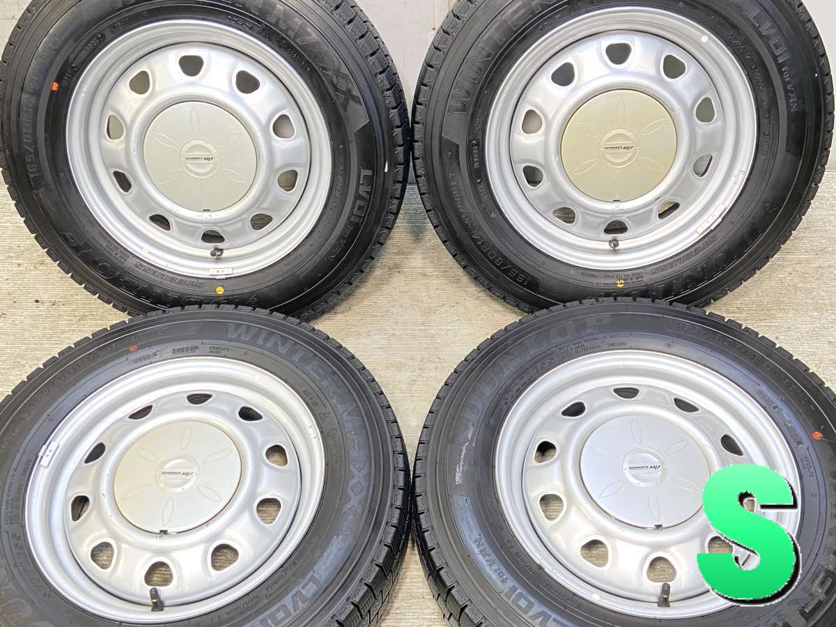 165/80R14 91/90LT ダンロップ ウィンターマックス LV01 forVAN 　 SCHWARZ MV V6A 14x5.0 100/114.3-4穴 中古タイヤ スタッドレスタイヤ ホイールセット 4本セット