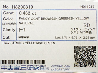 ０．４６２ct　ＦＡＮＣＹ　ＬＩＧＨＴ　ＢＲＯＷＮＩＳＨ　ＧＲＥＥＮＩＳＨ　ＹＥＬＬＯＷ　Ｉ１　イエローダイヤモンド　ルース