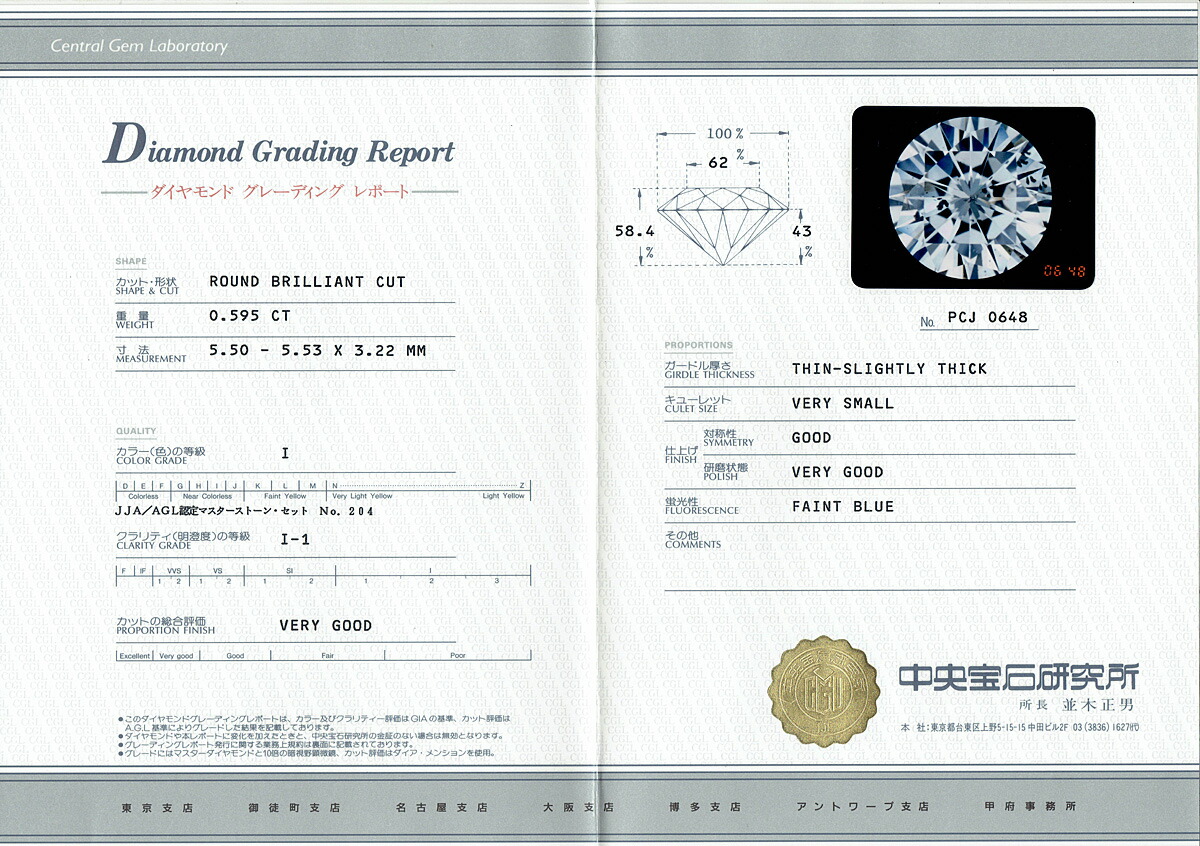 0.595ct I I1 VERY GOOD ダイヤモンド ルース|アインインターナショナル