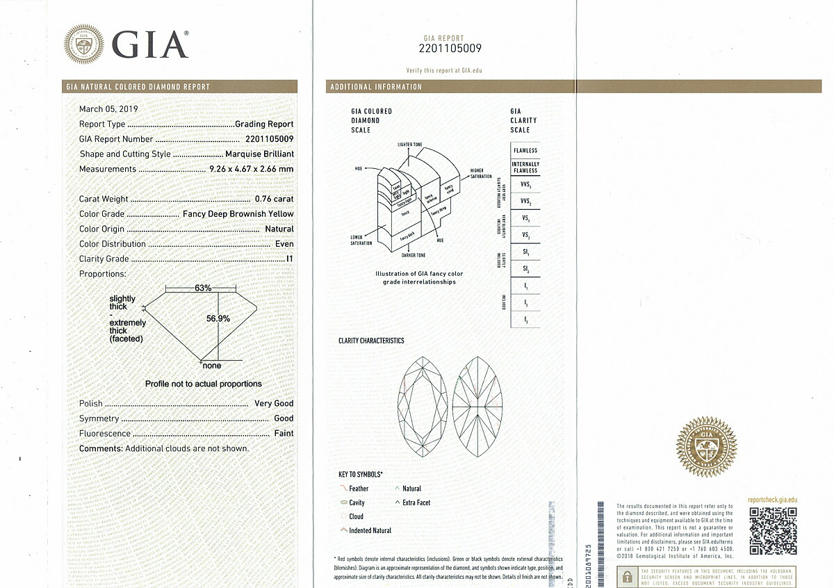 ０．７６コンピュータ断層撮影法 ＦＡＮＣＹ ＤＥＥＰ ＢＲＯＷＮＩＳＨ ＹＥＬＬＯＷ Ｉ１ ＧＩＡ 黄色金剛石 ルース
