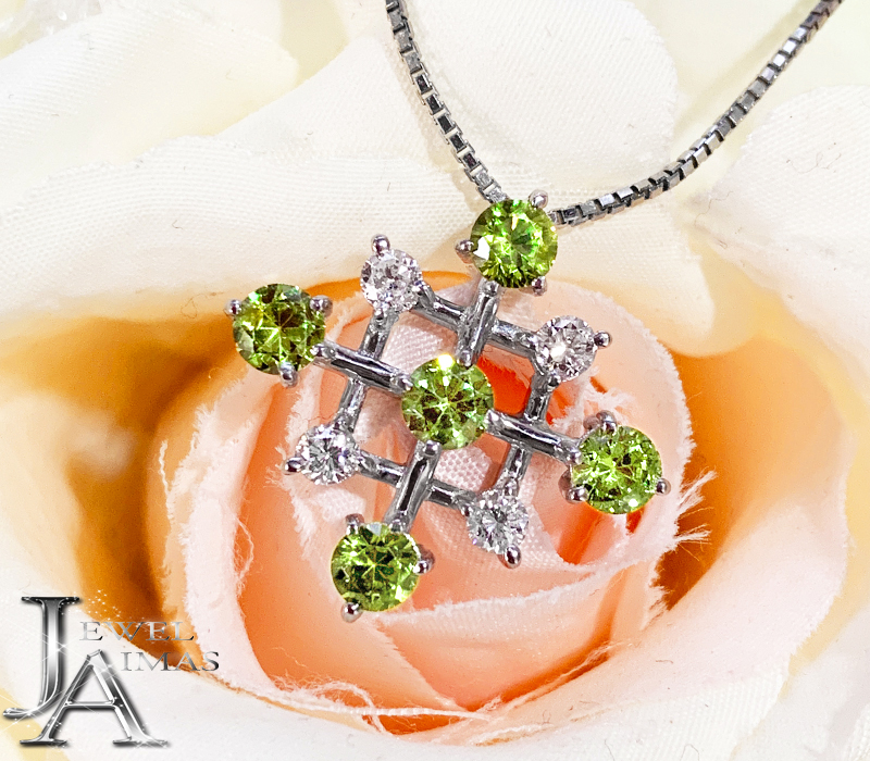デマントイドガーネット 1.75ct ネックレス PT900/850 プラチナ ダイヤモンド ペンダント クロス 格子 スノーフレーク 雪の結晶 スクエア 四角 透けデザイン ガーネットネックレス 1月誕生石 希少石 レアストーン【中古】【ジュエリー】【送料無料】MEJE