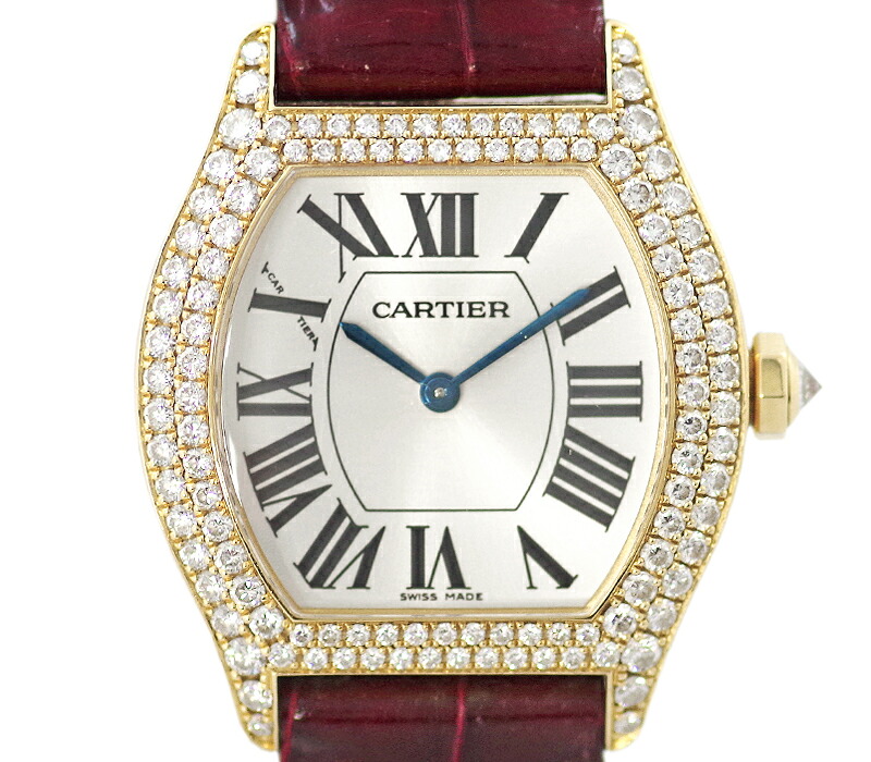 【Cartier】カルティエ トーチュSM 28mm ダイヤモンドベゼル シルバー 文字盤 K18YG 750 イエローゴールド リューズダイヤ 純正Dバックル 純正レザーストラップ クロコダイル レディース 手巻き【中古】【送料無料】【腕時計】|アイマス
