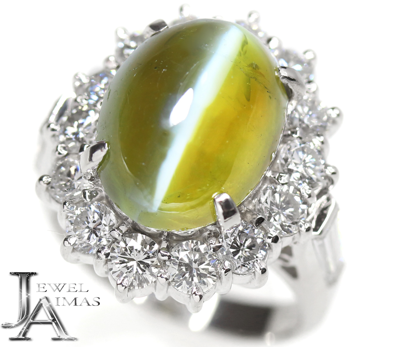 クリソベリルキャッツアイ 11.21ct リング 12号 PT900 ダイヤモンド 指輪 ダイヤ取り巻き ヘイロー クリソベリルキャッツアイリング カボション 猫目 大粒 2月誕生石【中古】【ジュエリー】【送料無料】MJJE