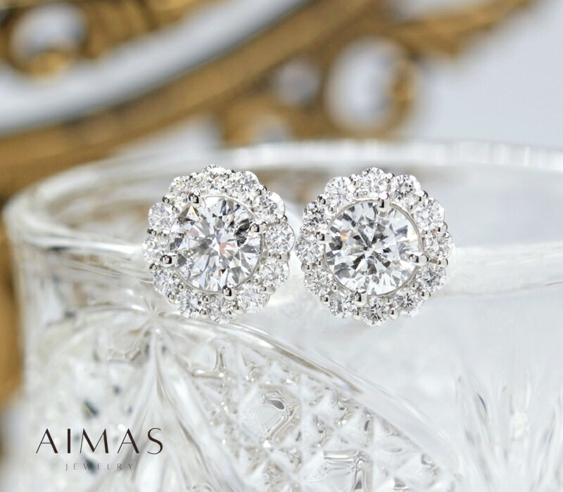 メインダイヤモンド 0.713ct(F I1 EXC)/0.697ct(G I1) ピアス PT900 プラチナ ダイヤ取り巻き ヘイロー ラウンドブリリアント ダイヤモンドピアス フラワー 花 プレゼント 4月誕生石 ＜ソーティング＞ 金剛石【新品】【ジュエリー】【送料無料】RME.N 212,078円