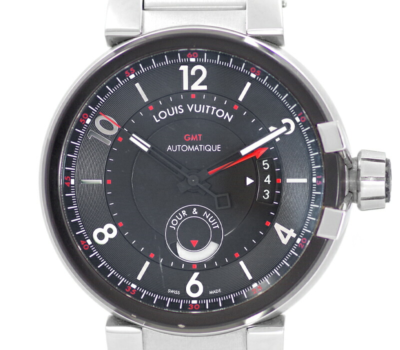 【LOUIS VUITTON】ルイヴィトン タンブール 系統発生 Q1156 GMT デイト 恒星日\u0026ナイト爵書きあらわす 100m雨合羽 黒いこと 黒 文字記号盤 SS ステンレス鋼 メンズ 自動小銃一巻き【中古】【貨物輸送無料】【ウオッチ】