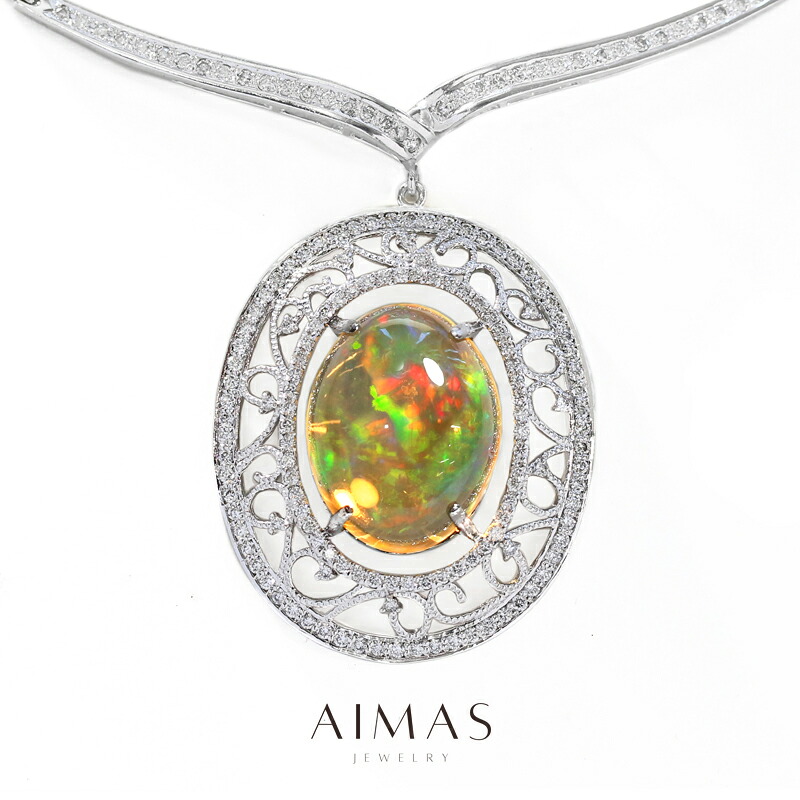 メキシコオパール 20.23ct ネックレス PT850/K18WG PT900 プラチナ 18金 ホワイトゴールド ダイヤモンド ファイアオパール ファイヤーオパール カボション アラベスク 透かし装飾 10月誕生石 特大 大粒 豪華 遊色効果 【中古】【ジュエリー】【送料無料】RRR.I
