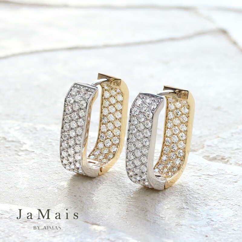 【JaMais】ダイヤモンド 0.5ct/0.5ct ピアス K10WG/K10YG ホワイトゴールド イエローゴールド 10金 地金コンビ フープ パヴェダイヤモンド ダイヤモンドピアス ダイヤピアス ユニセックス ユニセックスデザイン ジャメジュエリー 4月誕生石 金剛石【Original Jewelry】RLJZ.I