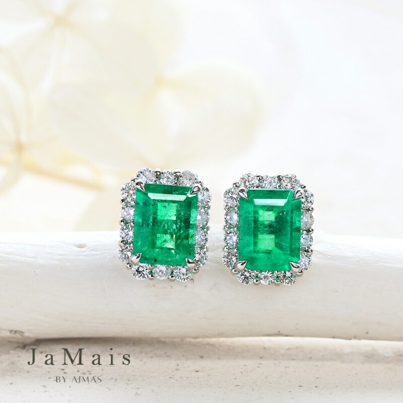 【JaMais】Etincelle -エタンセル- エメラルド 1.15ct/1.18ct ピアス PT900 プラチナ ダイヤモンド ダイヤ取り巻き ヘイロー エメラルドピアス スクエア 長方形 四角 レクタングル 5月誕生石 ジャメジュエリー ＜鑑別書＞ 緑玉【Original Jewelry】RLJZ.I