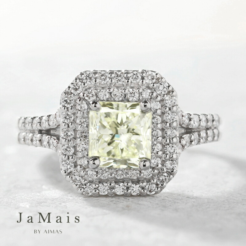 【JaMais】Double -ドゥブル- イエローダイヤモンド(VERY LIGHT YELLLOW SI1) 0.871ct リング 13号 PT900 プラチナ 指輪 ラディアントカット スクエア 四角 二重取り巻き ヘイロー 4月誕生石 ジャメジュエリー ＜ソーティング＞ 金剛石 色石【Original Jewelry】｜アイマス