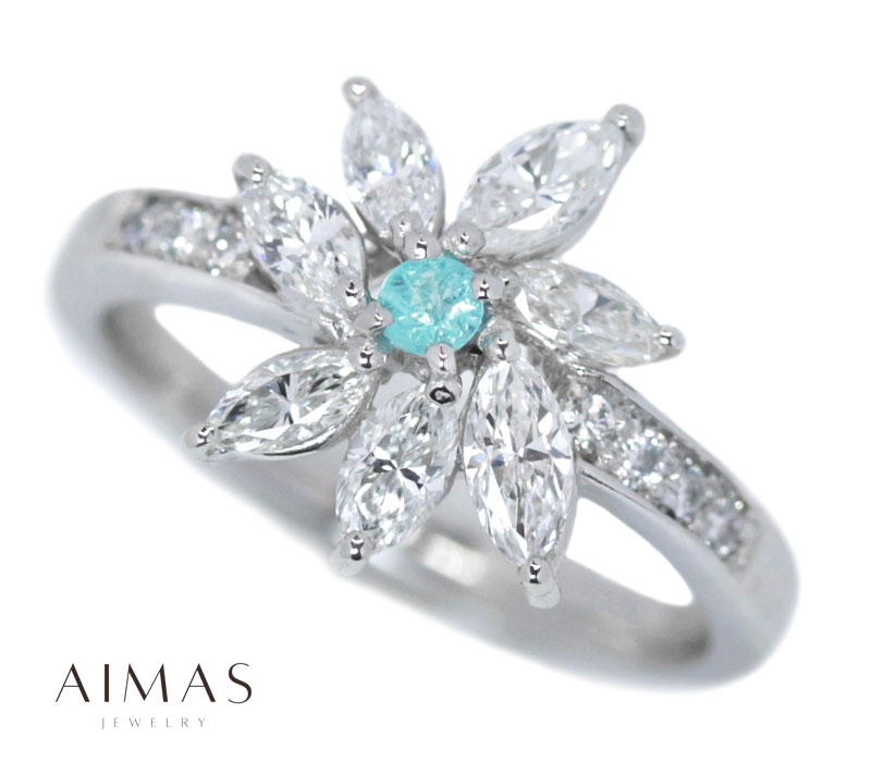 パライバトルマリン 0.05ct リング 11号 PT900 プラチナ ダイヤモンド 指輪 パライバトルマリンリング 花 フラワー ダイヤ取り巻き 10月誕生石 希少石 レアストーン【新品】【ジュエリー】【送料無料】RYP.MI
