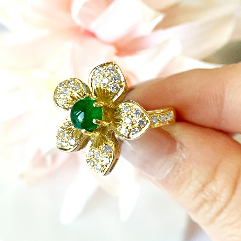 楽天市場 ｵﾌ エメラルド 1 01ct ダイヤモンド 0 51ct カボションカット フラワー 花 植物 ボタニカル エメラルドリング 13号 K18yg イエローゴールド 中古 ジュエリー Rmm T アイマス