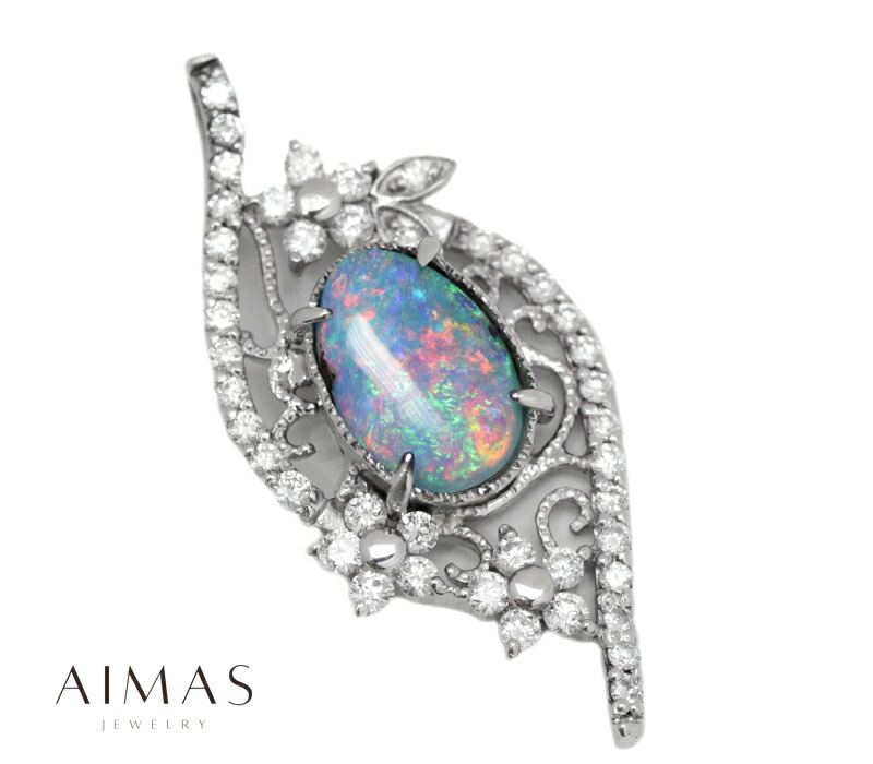 ボルダーオパール 2 15ct ダイヤ 0 55ct カボションカット 全盛期 花 岩礁 葉っぱ アラベスク マイルグレイン ミル打ち オパールペンダントトップ Pt900 プラチナ 新品 宝飾品 Rml T Creativiva Com