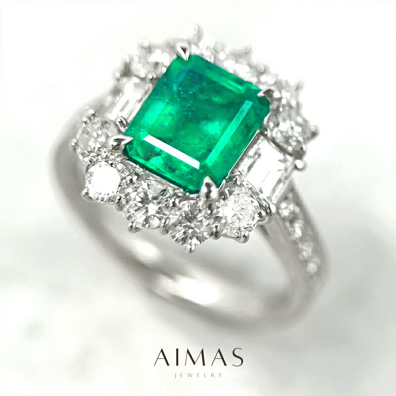 コロンビア産ビビッドグリーンエメラルド 1.78ct リング 12号 PT950 プラチナ ダイヤモンド 指輪 ダイヤ取り巻き ヘイロー エメラルドカット スクエア 四角 産地証明 1ctアップ 5月誕生石 ＜AIGS鑑別書＞ 緑玉 【新品】【ジュエリー】【送料無料】RLY.TN