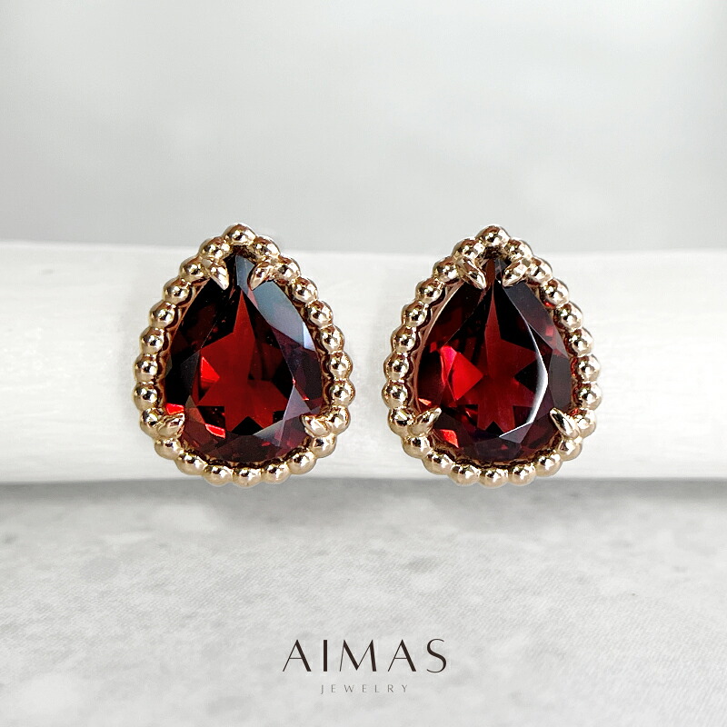 ガーネット 約1.7ct/1.7ct ピアス K18PG ピンクゴールド 18金 ペアシェイプ 地金取り巻き ゴールドビーズ ドット ティアドロップ 雫 ガーネットピアス ギフト プレゼント ご褒美 記念日 1月誕生石 【新品】【ジュエリー】【送料無料】RRJZ.E